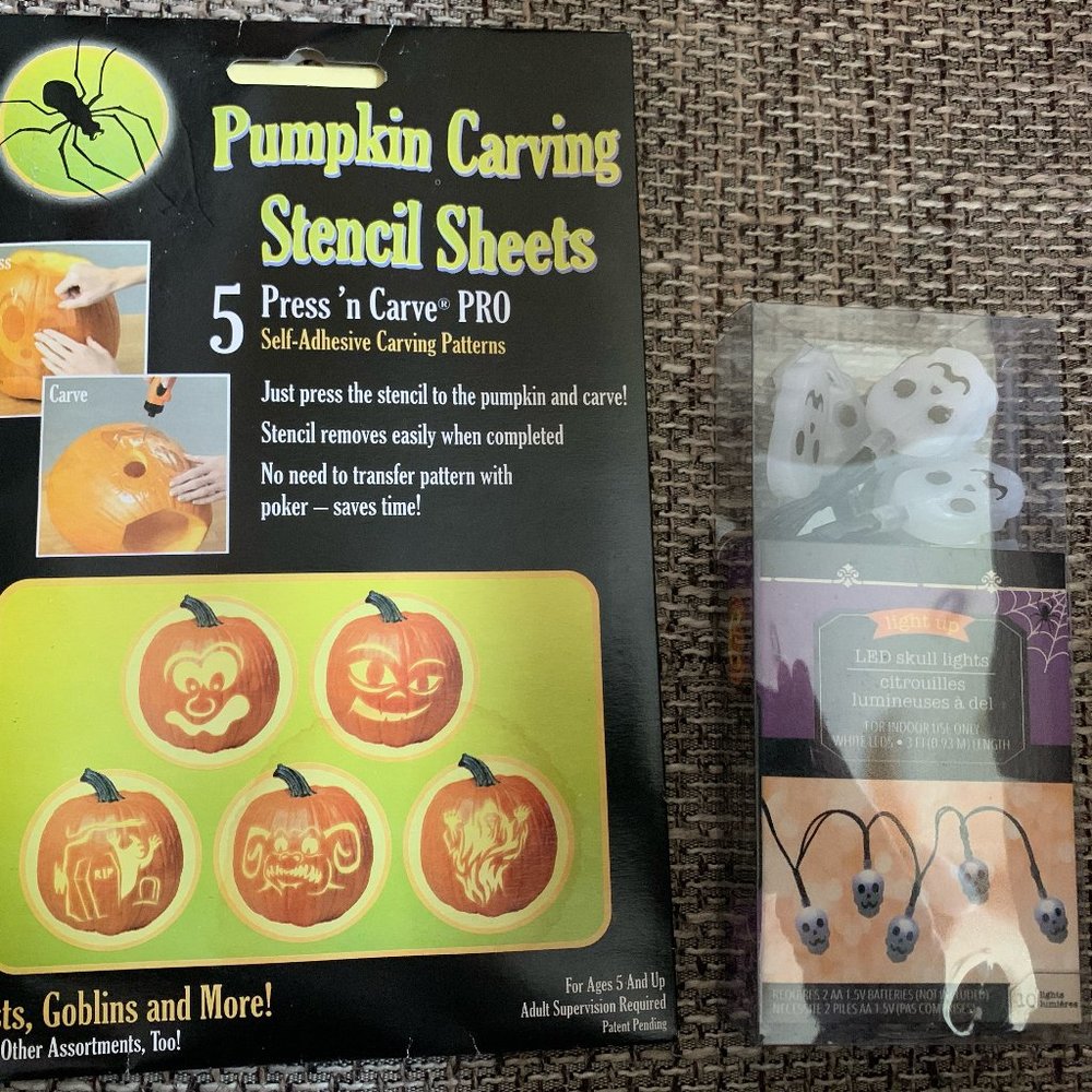 Halloween Indoor Skull Cross bone Lights Pumpkin Carving Stencil Kit 5 Sheet NEW
